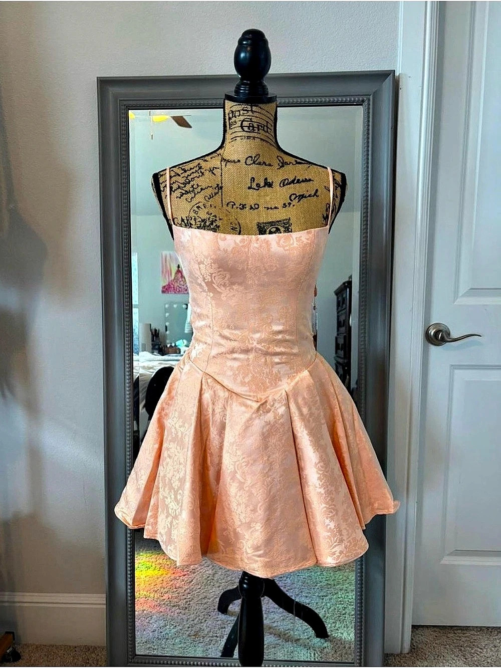 House of CB Rosalinda Peach Jacquard Mini Bow Dress